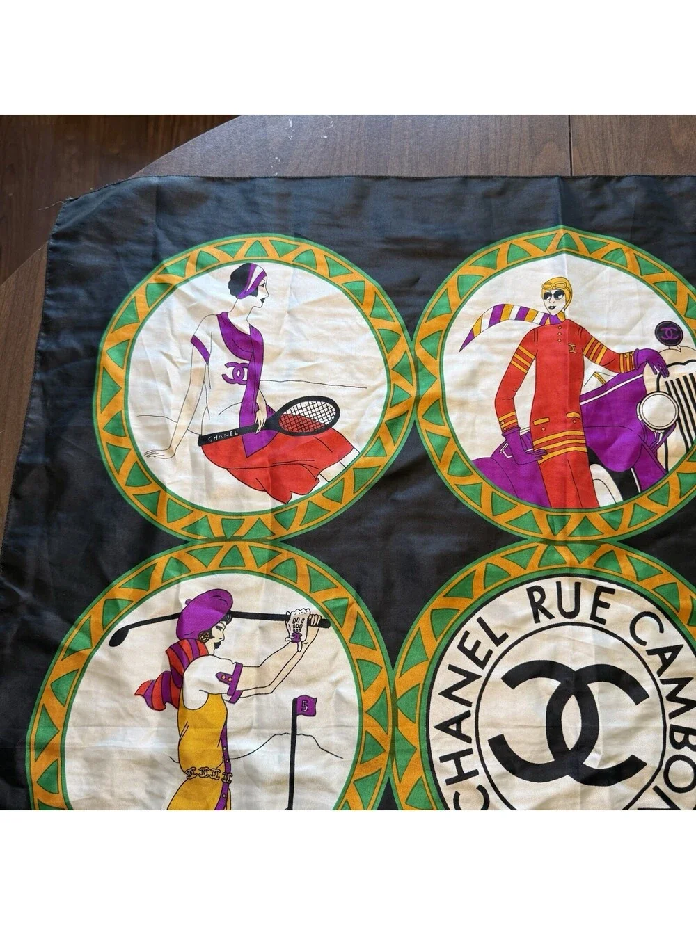 Vintage 90s RARE Chanel 1920s Art Deco Sports Silk Scarf Karl Lagerfeld Designer